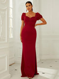 Floral Appliqués Sheer Panel Red Floor-Length Party Dress