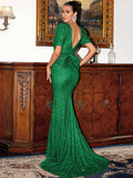 Flare Sleeve One-Shoulder Green Sequin Evening Dress
