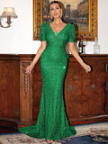 Flare Sleeve One-Shoulder Green Sequin Evening Dress