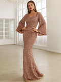 Bell Sleeves  Rose Gold Sequin Flared Party Dress