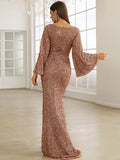 Bell Sleeves  Rose Gold Sequin Flared Party Dress