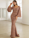 Bell Sleeves  Rose Gold Sequin Flared Party Dress