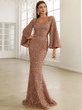 Bell Sleeves  Rose Gold Sequin Flared Party Dress