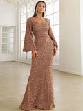 Bell Sleeves  Rose Gold Sequin Flared Party Dress