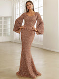 Bell Sleeves  Rose Gold Sequin Flared Party Dress