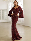 Bell Sleeves  Rose Gold Sequin Flared Party Dress