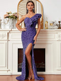 Glamorous One-Shoulder Sequin Dress with High Slit