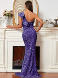 Glamorous One-Shoulder Sequin Dress with High Slit
