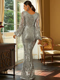 One-Shoulder Sequin Long Sleeves Evening Dress