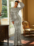 One-Shoulder Sequin Long Sleeves Evening Dress