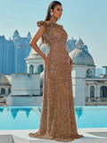 Dramatic Ruffle Gold Sequin One-Shoulder Party Dress