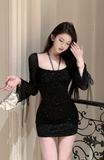 Elegant Black Sequin Mini Dress with Sheer Long Sleeves