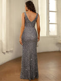 High Slit V-Neckline Silver Sequin Flower Party Dress
