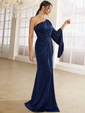 Dramatic Sleeve One-Shoulder Navy Blue High Slit Party Dress