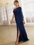 Dramatic Sleeve One-Shoulder Navy Blue High Slit Party Dress