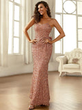 Spaghetti Straps Fitted Silhouette Rose Gold Sequin Dress