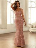 Spaghetti Straps Fitted Silhouette Rose Gold Sequin Dress