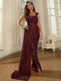 Draped Train Burgundy Sequin Dress with High Slit