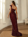 Draped Train Burgundy Sequin Dress with High Slit