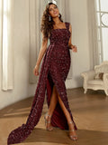 Draped Train Burgundy Sequin Dress with High Slit