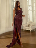 Draped Train Burgundy Sequin Dress with High Slit