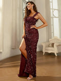 Draped Train Burgundy Sequin Dress with High Slit
