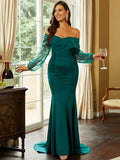 Sheer Sleeves Emerald Off-Shoulder Evening Dress