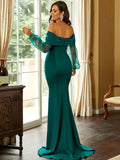 Sheer Sleeves Emerald Off-Shoulder Evening Dress