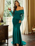 Sheer Sleeves Emerald Off-Shoulder Evening Dress