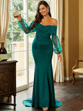 Sheer Sleeves Emerald Off-Shoulder Evening Dress