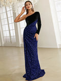 One-Shoulder Velvet Sleeve Blue Sequin Party Dress