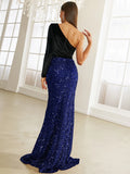 One-Shoulder Velvet Sleeve Blue Sequin Party Dress