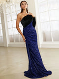 One-Shoulder Velvet Sleeve Blue Sequin Party Dress