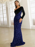 One-Shoulder Velvet Sleeve Blue Sequin Party Dress
