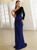 One-Shoulder Velvet Sleeve Blue Sequin Party Dress