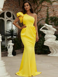 Ruffled Sleeve Mermaid One-Shoulder Yellow Party Dress