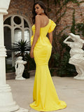 Ruffled Sleeve Mermaid One-Shoulder Yellow Party Dress