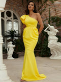 Ruffled Sleeve Mermaid One-Shoulder Yellow Party Dress