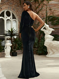 Sleek Silhouette Black Pearl Embellishments One-Shoulder Party Dress