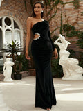Sleek Silhouette Black Pearl Embellishments One-Shoulder Party Dress
