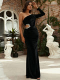 Sleek Silhouette Black Pearl Embellishments One-Shoulder Party Dress