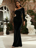 Sleek Silhouette Black Pearl Embellishments One-Shoulder Party Dress