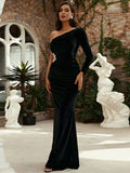 Sleek Silhouette Black Pearl Embellishments One-Shoulder Party Dress