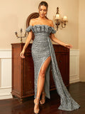 Ruffle Off-Shoulder Silver Sequin Party Dress With Slit