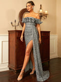 Ruffle Off-Shoulder Silver Sequin Party Dress With Slit