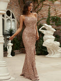 High Slit One-Shoulder Sequin Ruffled Dress