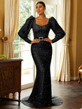 Long Sleeve Black Sequin Belt Party Dress