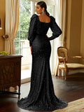 Long Sleeve Black Sequin Belt Party Dress