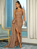 Bow V-Neckline High-Low Rose Gold Sequin Party Dress