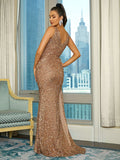 Bow V-Neckline High-Low Rose Gold Sequin Party Dress